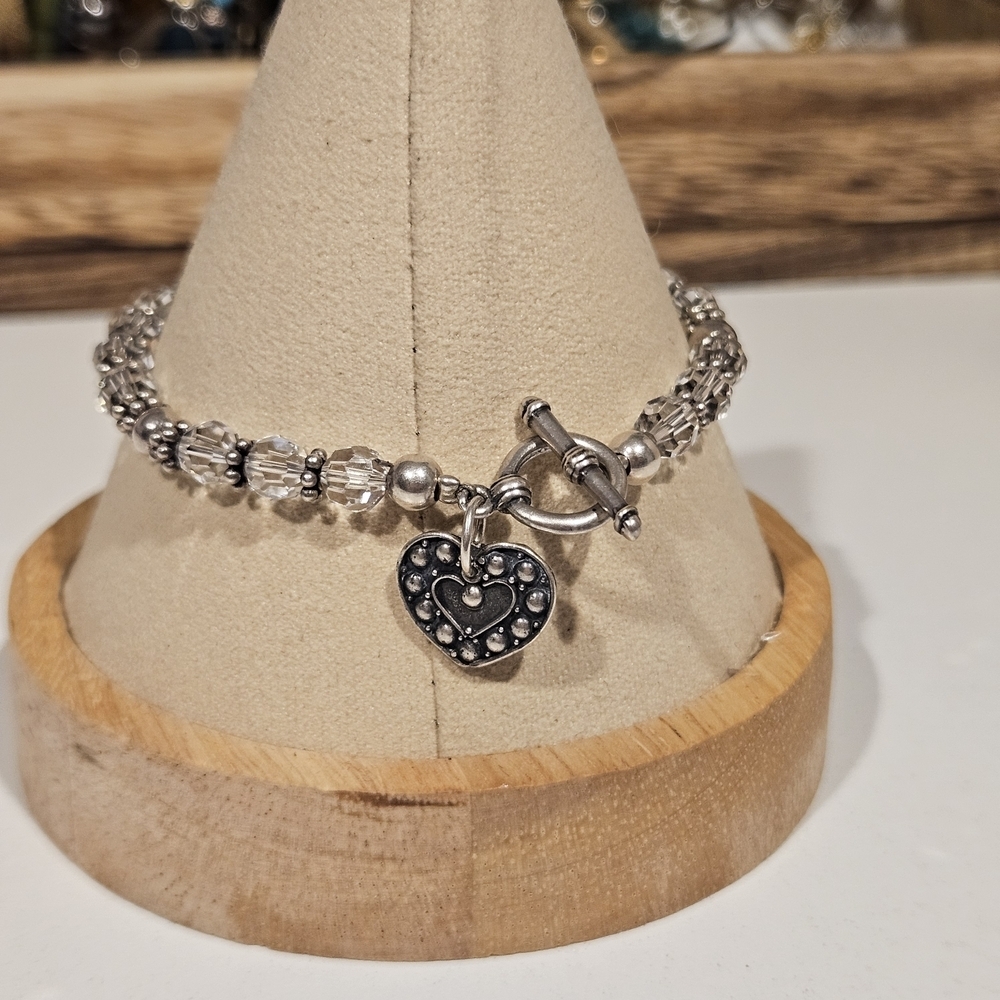 Sterling Silver Heart Charm Beaded Bracelet Toggle Closure Dainty Girly Jewelry